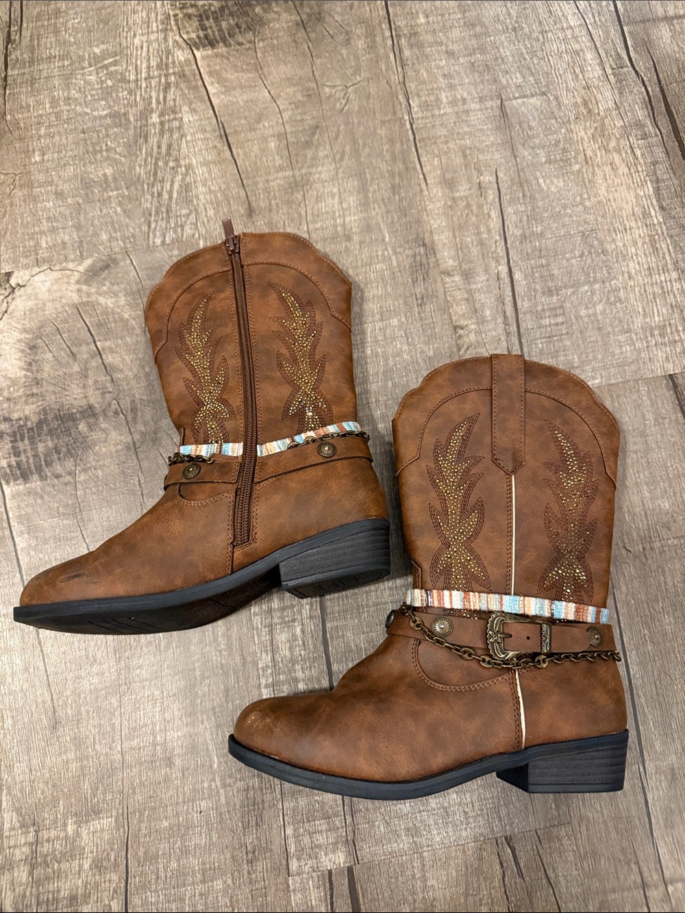 Kids Brown Western Pull-On Boots with Decorative Strap